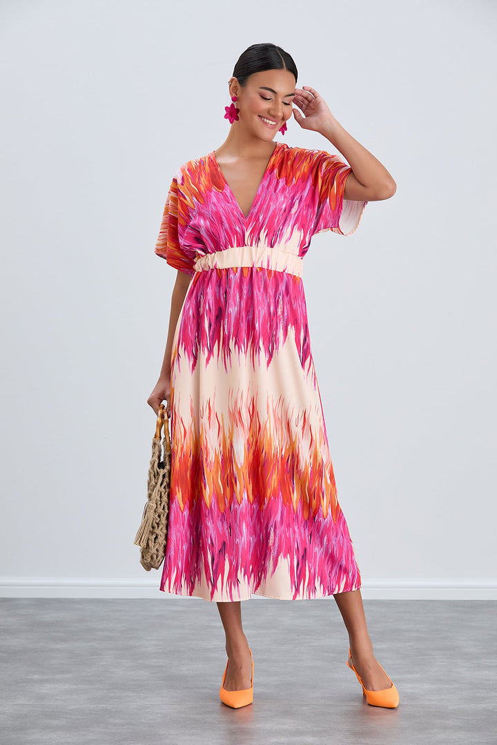 Elasticated Midi Dress in Abstract Pink print - jqwholesale.com