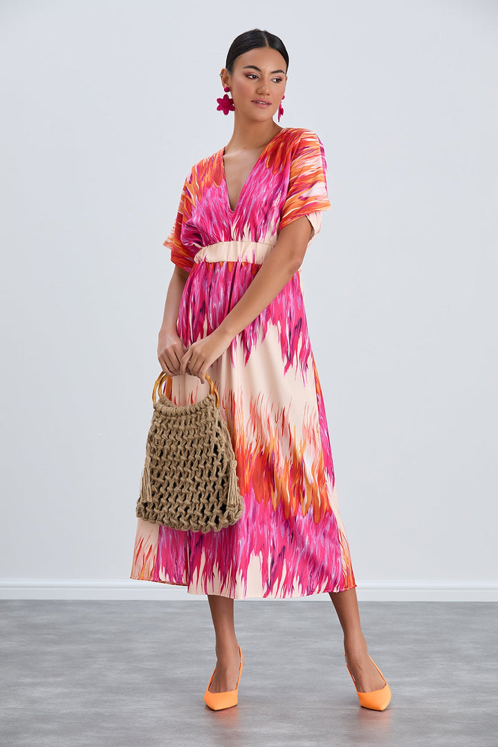 Elasticated Midi Dress in Abstract Pink print - jqwholesale.com