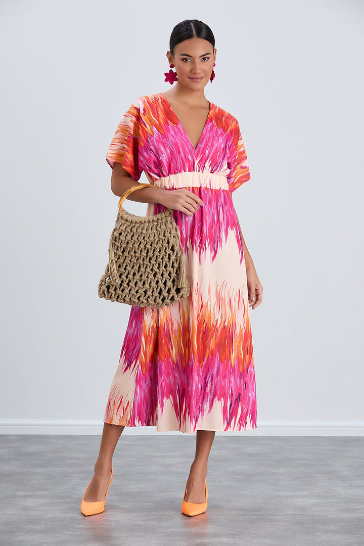 Elasticated Midi Dress in Abstract Pink print - jqwholesale.com