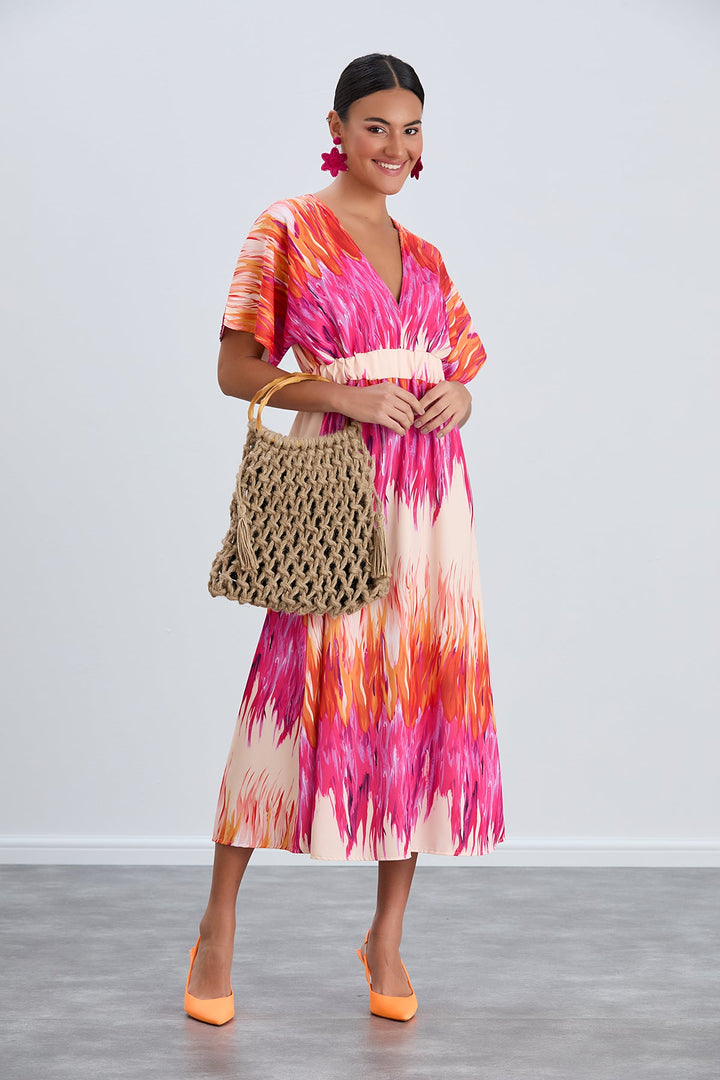 Elasticated Midi Dress in Abstract Pink print - jqwholesale.com