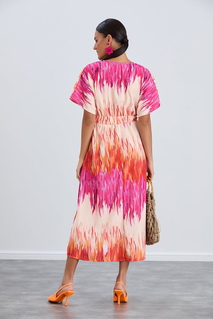 Elasticated Midi Dress in Abstract Pink print - jqwholesale.com