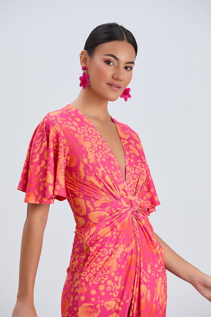 Angel Sleeve Twist Maxi Jumpsuit in Tropical Fuchsia print - jqwholesale.com