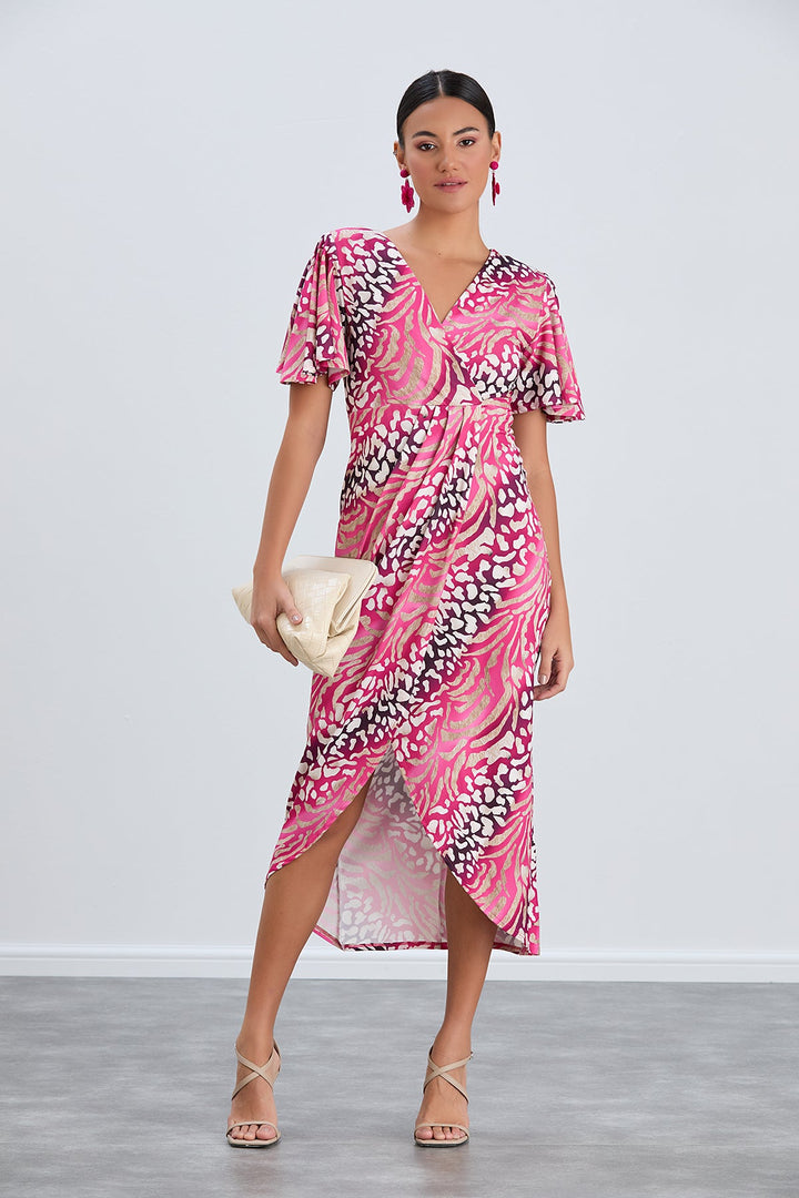 Angel Sleeve Wrap Style Midi Dress in Fuchsia Animal print - jqwholesale.com
