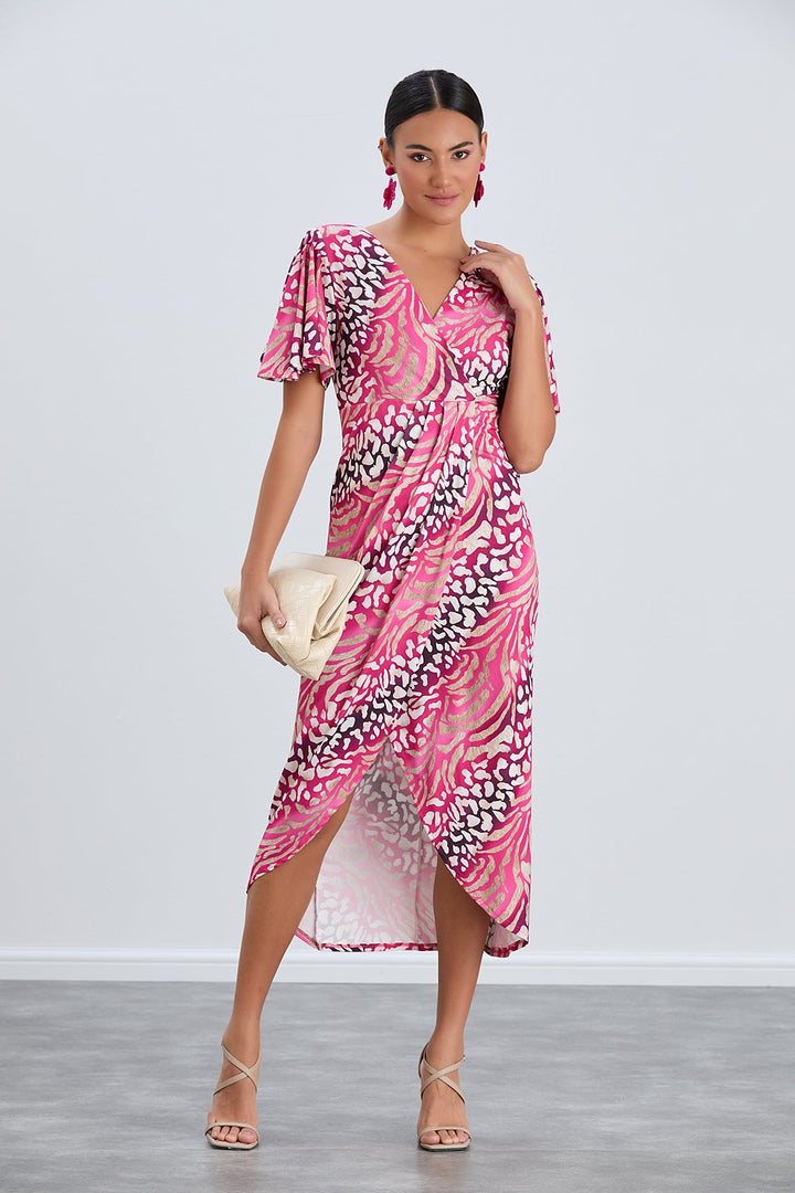 Angel Sleeve Wrap Style Midi Dress in Fuchsia Animal print - jqwholesale.com