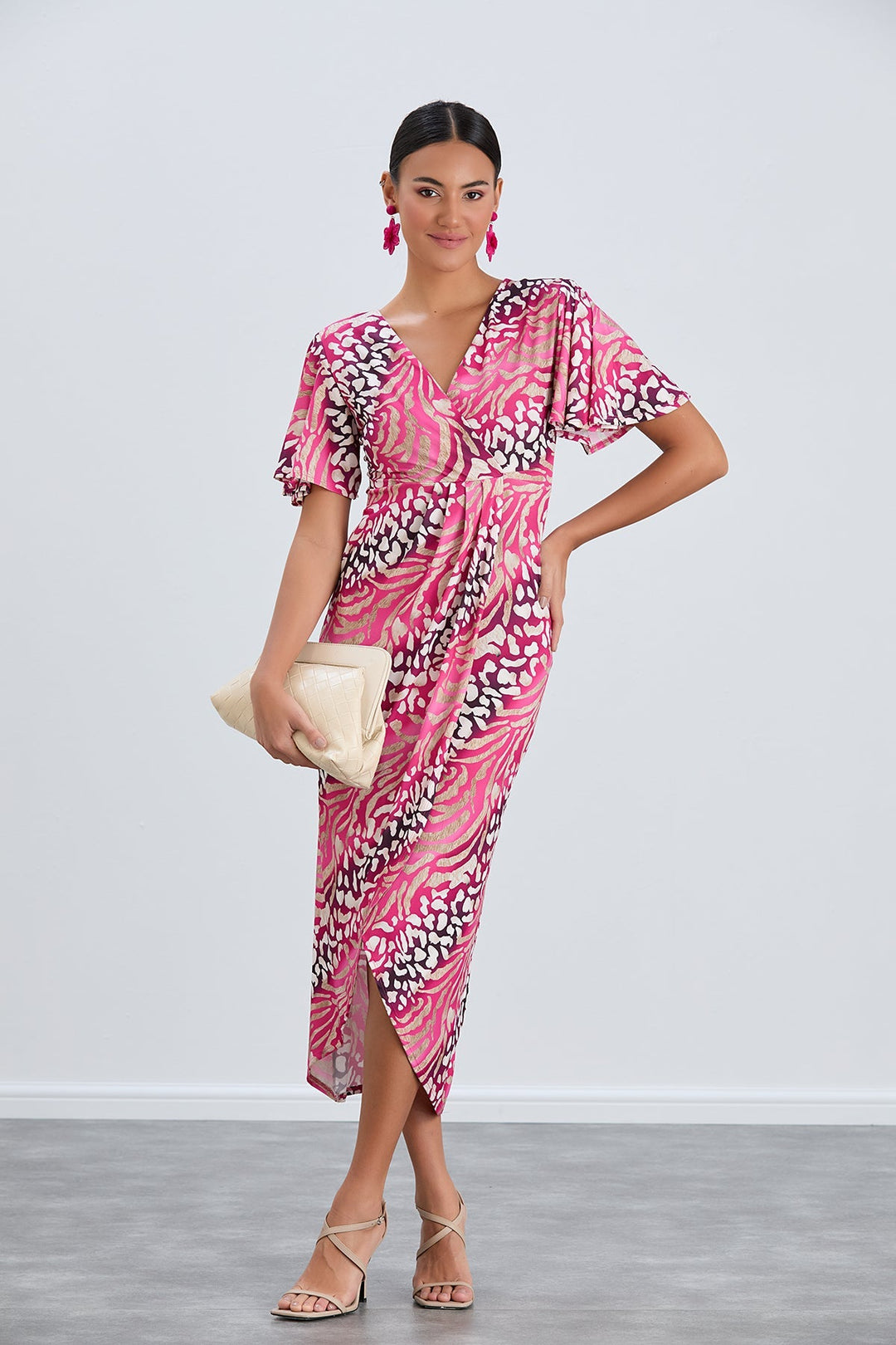 Flirty Flutter Sleeve Wrap Midi Dress in Fuchsia Animal Print - jqwholesale.com