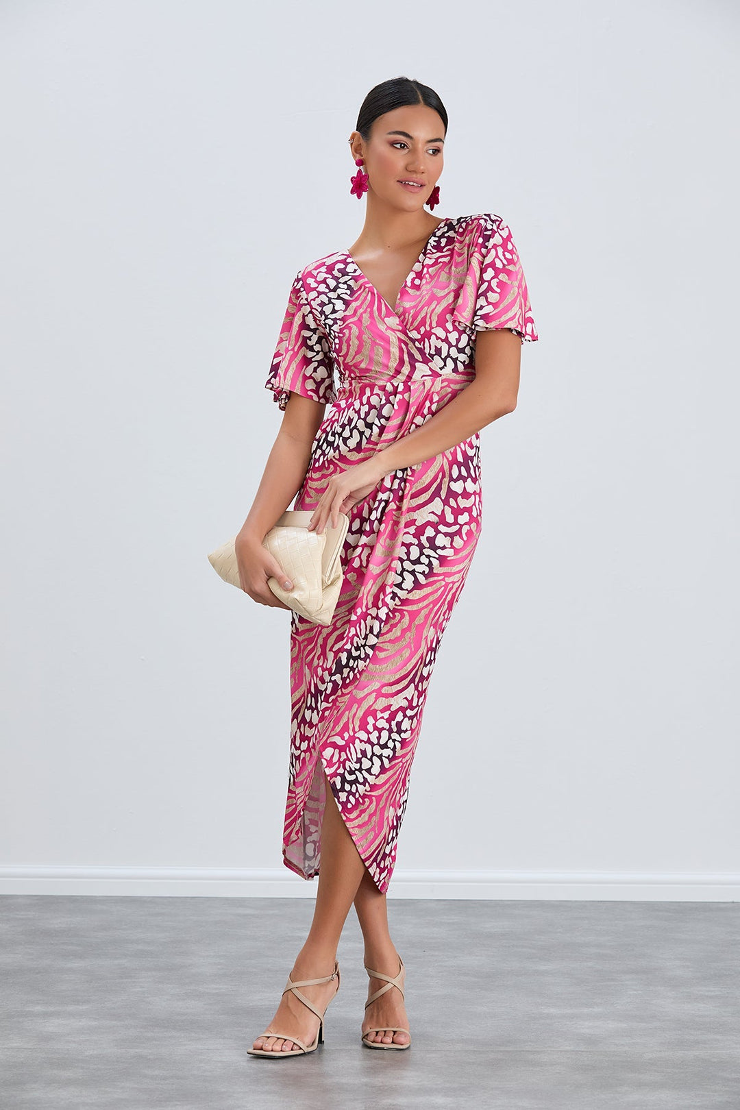 Flirty Flutter Sleeve Wrap Midi Dress in Fuchsia Animal Print - jqwholesale.com