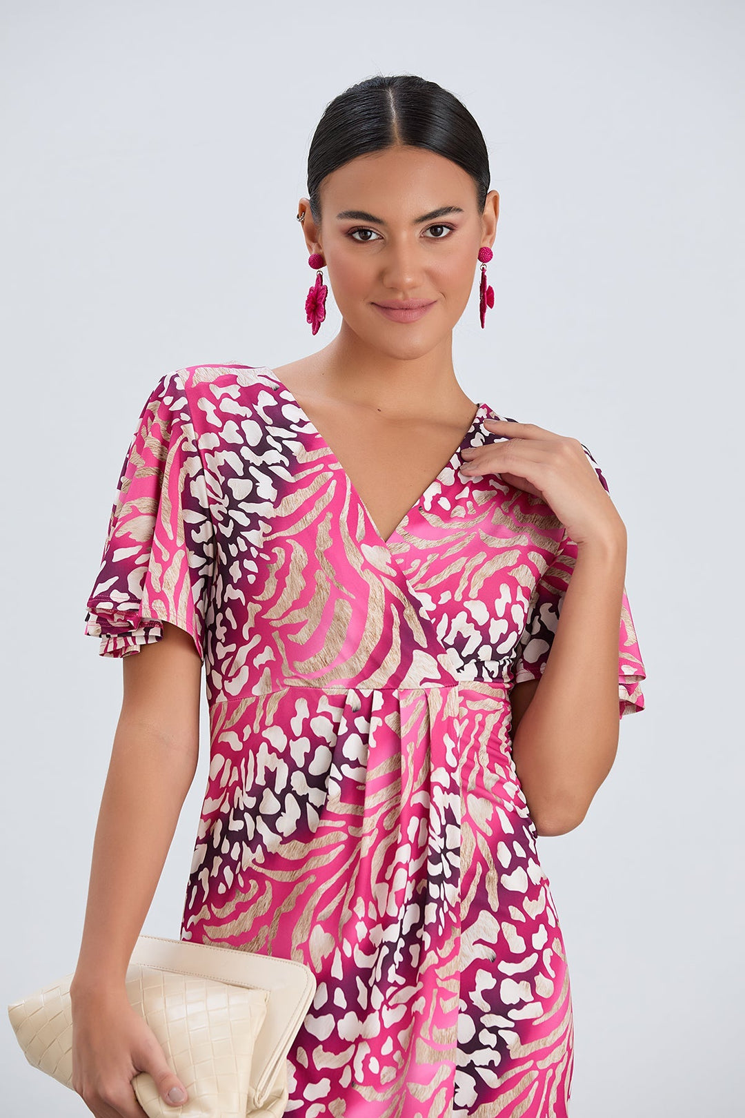 Flirty Flutter Sleeve Wrap Midi Dress in Fuchsia Animal Print - jqwholesale.com