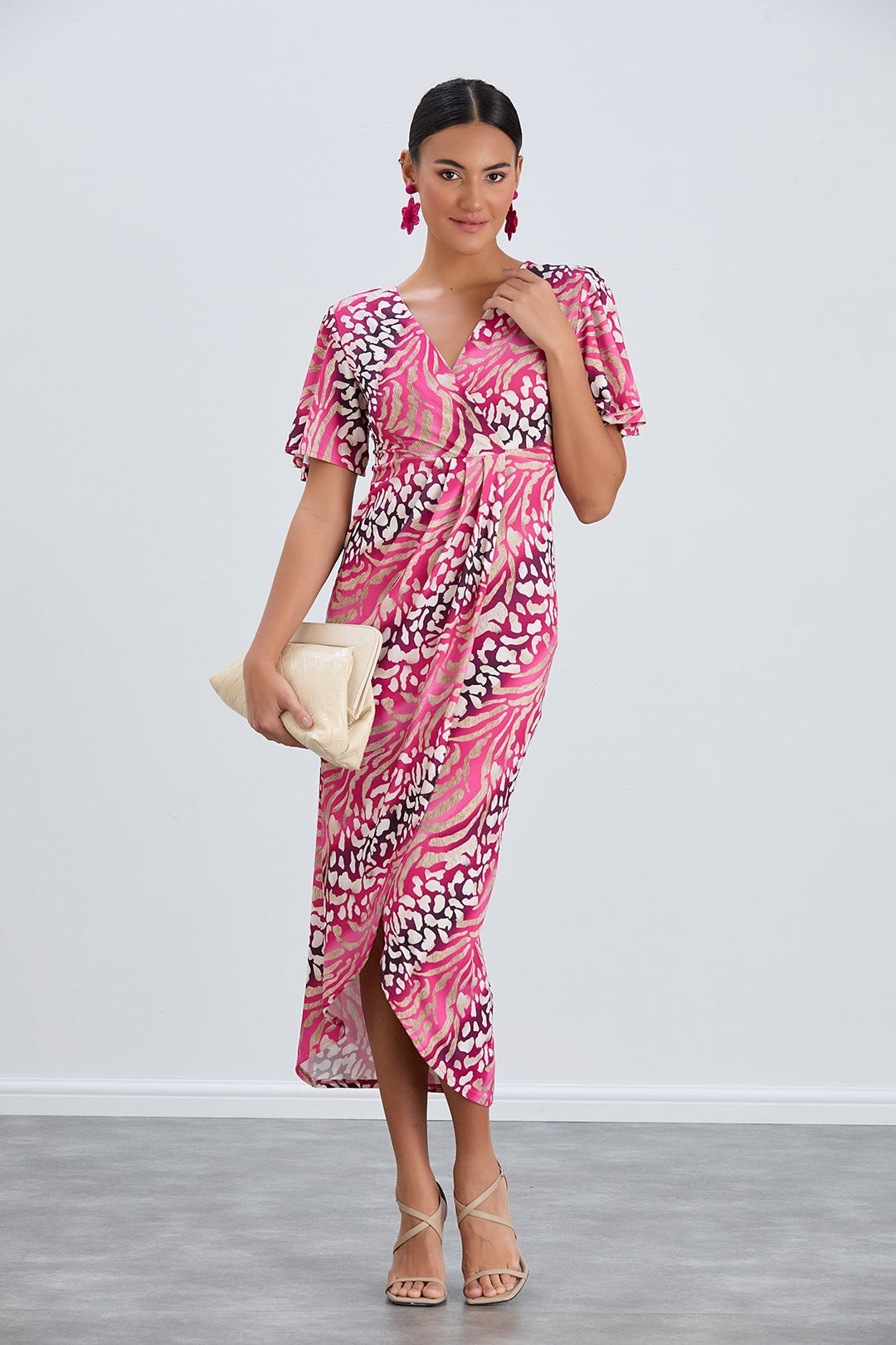 Flirty Flutter Sleeve Wrap Midi Dress in Fuchsia Animal Print - jqwholesale.com