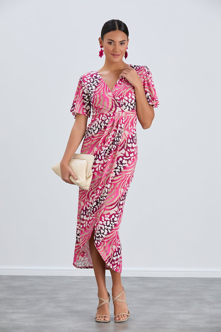 Flirty Flutter Sleeve Wrap Midi Dress in Fuchsia Animal Print - jqwholesale.com