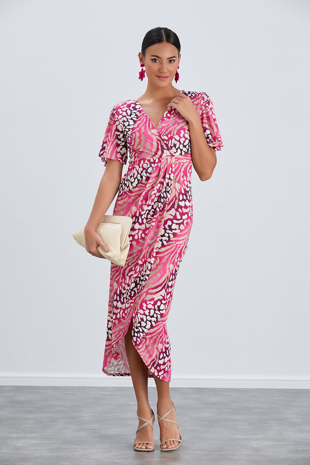 Angel Sleeve Wrap Style Midi Dress in Fuchsia Animal print - jqwholesale.com