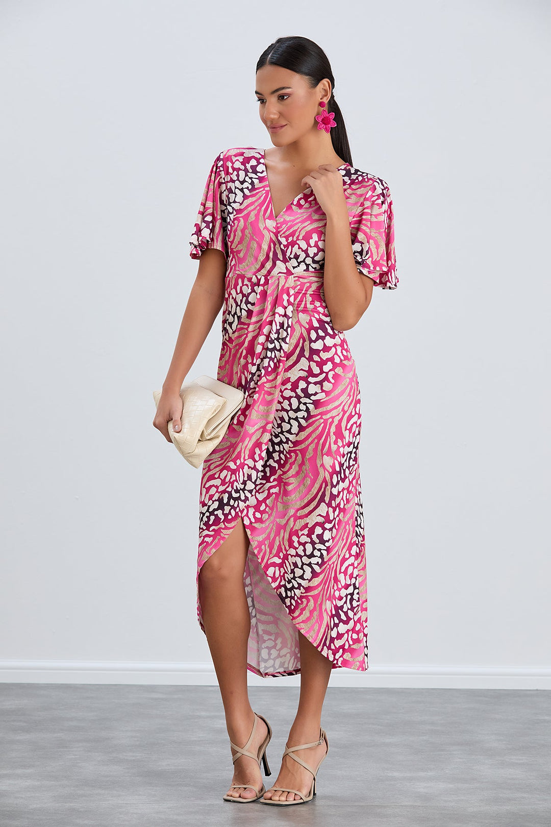 Angel Sleeve Wrap Style Midi Dress in Fuchsia Animal print - jqwholesale.com