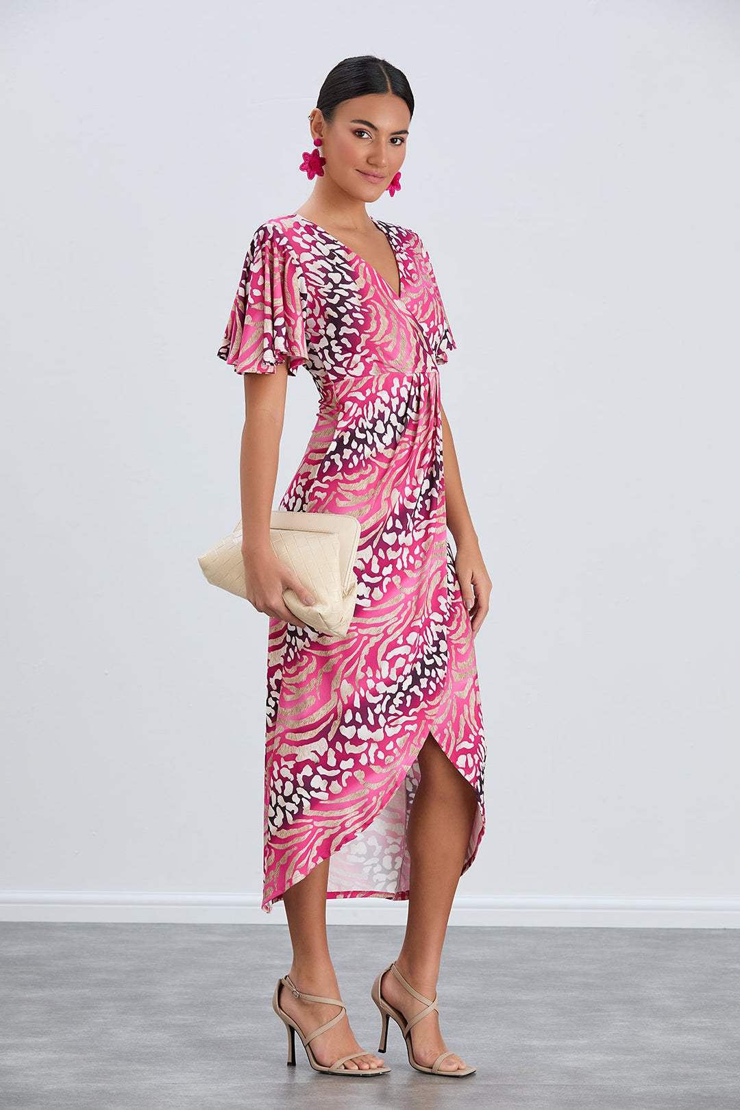 Angel Sleeve Wrap Style Midi Dress in Fuchsia Animal print - jqwholesale.com
