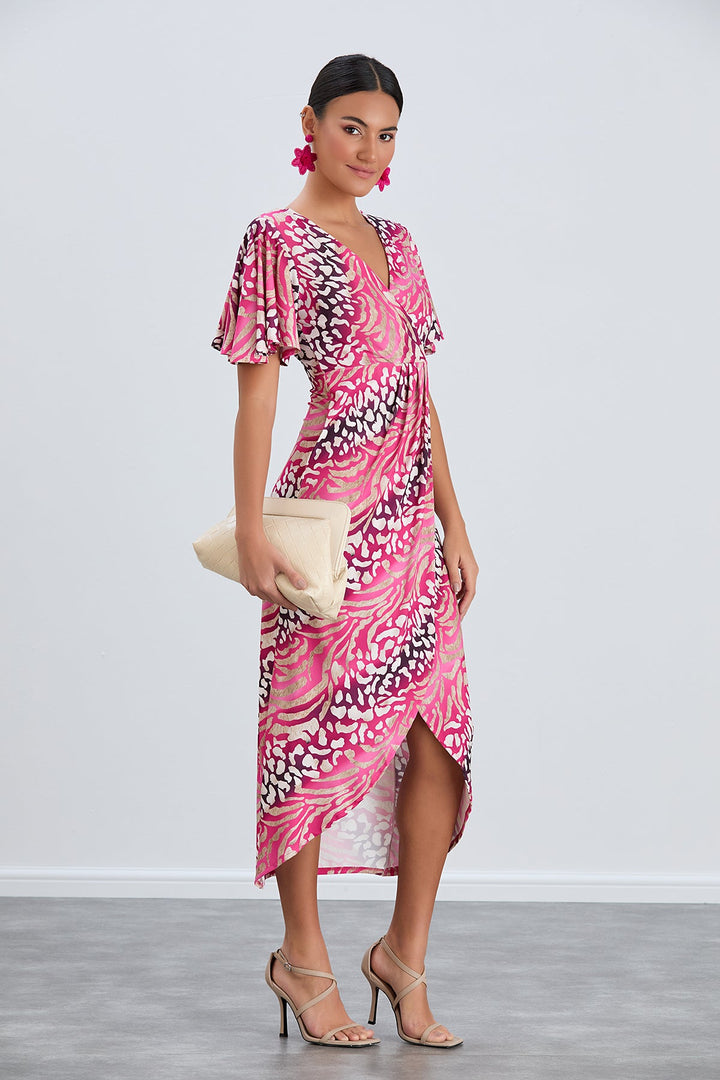 Angel Sleeve Wrap Style Midi Dress in Fuchsia Animal print - jqwholesale.com