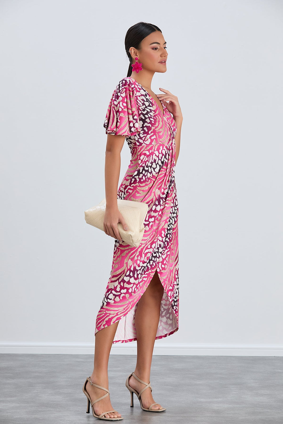 Flirty Flutter Sleeve Wrap Midi Dress in Fuchsia Animal Print - jqwholesale.com