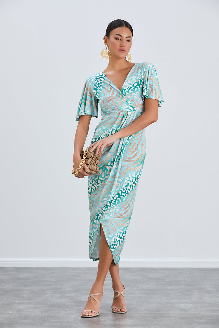 Flirty Flutter Sleeve Wrap Midi Dress in Mint Animal Print - jqwholesale.com