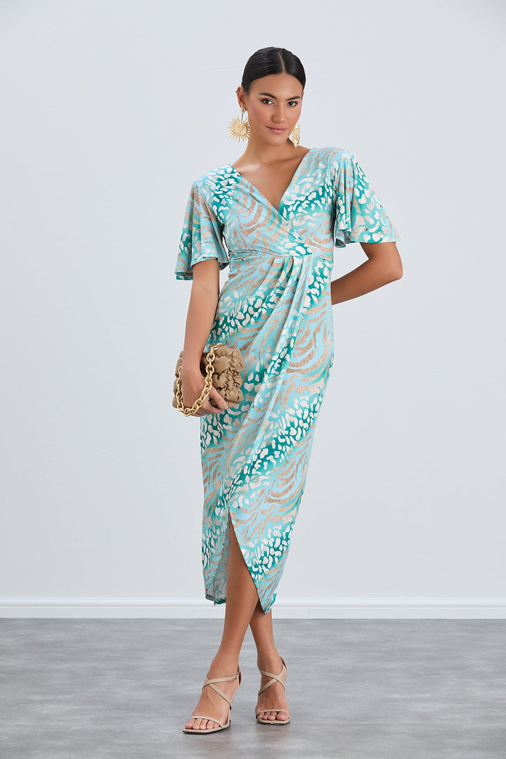 Flirty Flutter Sleeve Wrap Midi Dress in Mint Animal Print - jqwholesale.com