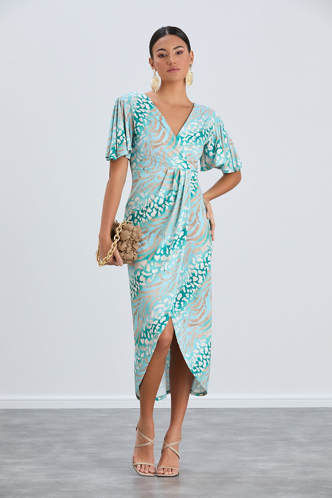 Flirty Flutter Sleeve Wrap Midi Dress in Mint Animal Print - jqwholesale.com