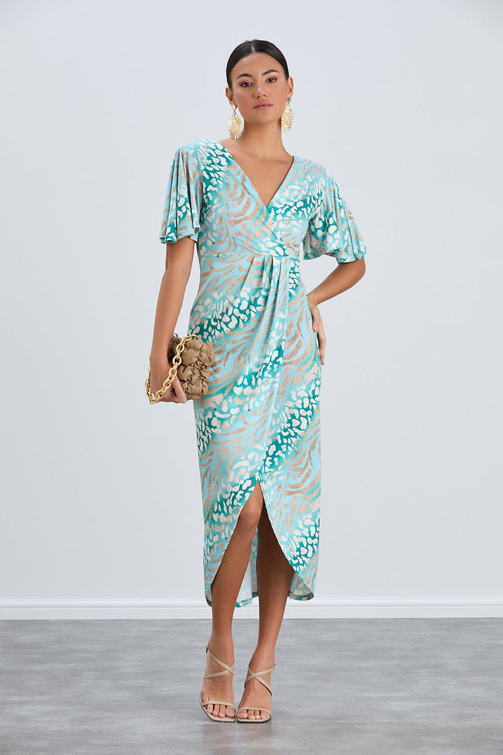 Flirty Flutter Sleeve Wrap Midi Dress in Mint Animal Print - jqwholesale.com