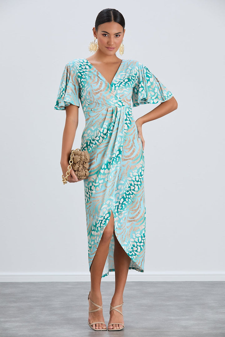 Flirty Flutter Sleeve Wrap Midi Dress in Mint Animal Print - jqwholesale.com