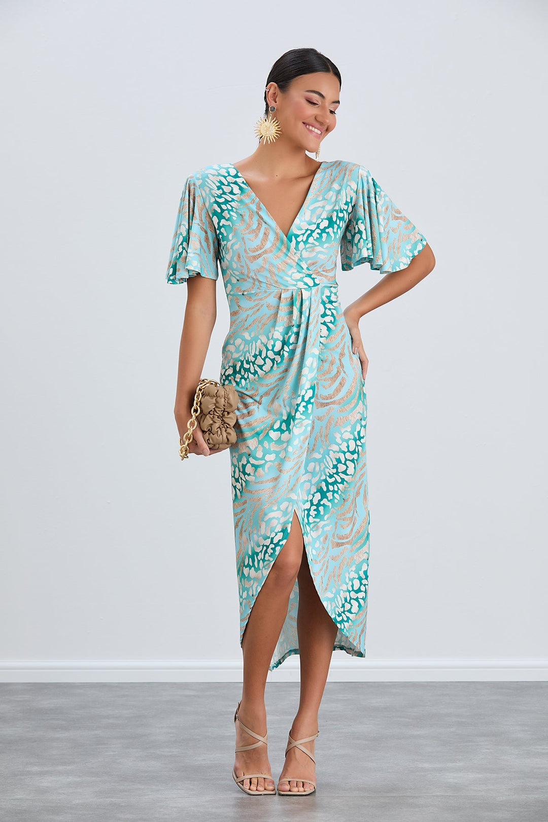 Flirty Flutter Sleeve Wrap Midi Dress in Mint Animal Print - jqwholesale.com