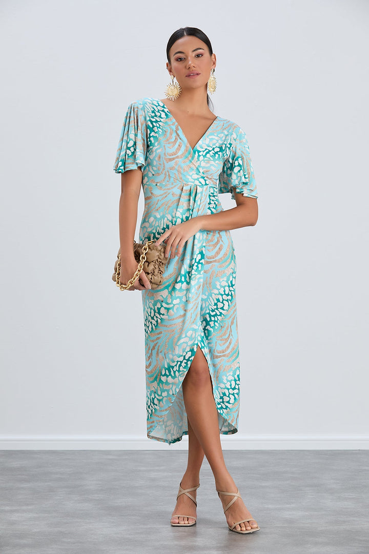 Flirty Flutter Sleeve Wrap Midi Dress in Mint Animal Print - jqwholesale.com