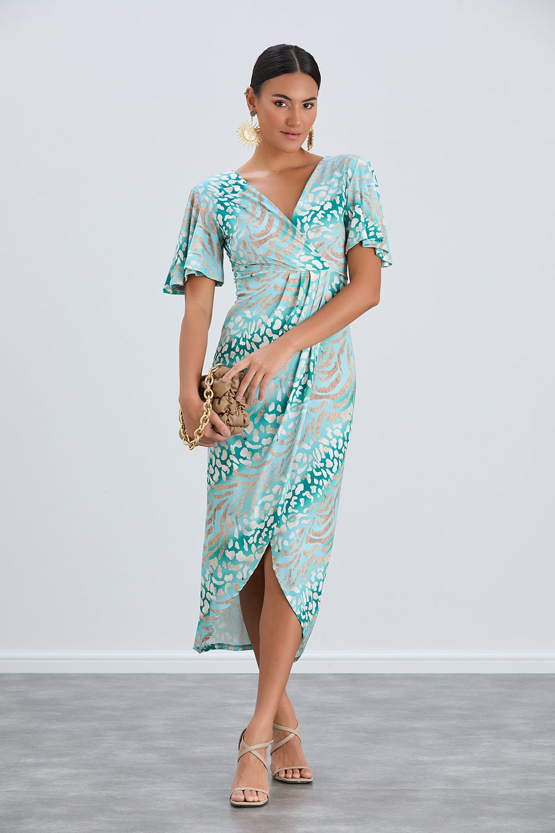 Flirty Flutter Sleeve Wrap Midi Dress in Mint Animal Print - jqwholesale.com