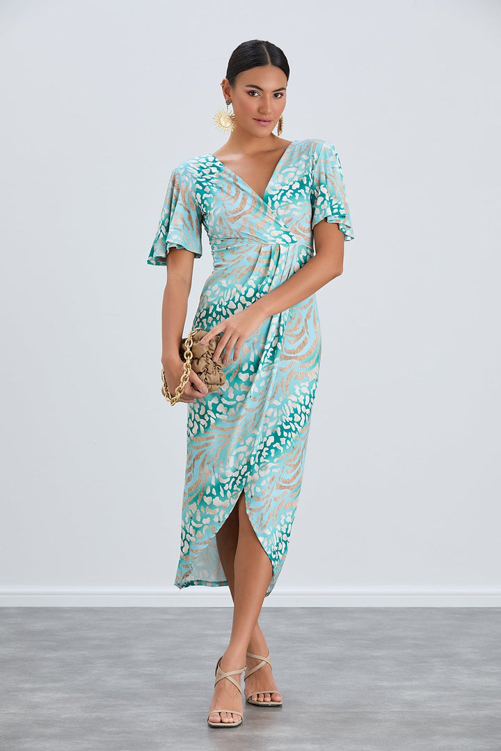 Flirty Flutter Sleeve Wrap Midi Dress in Mint Animal Print - jqwholesale.com