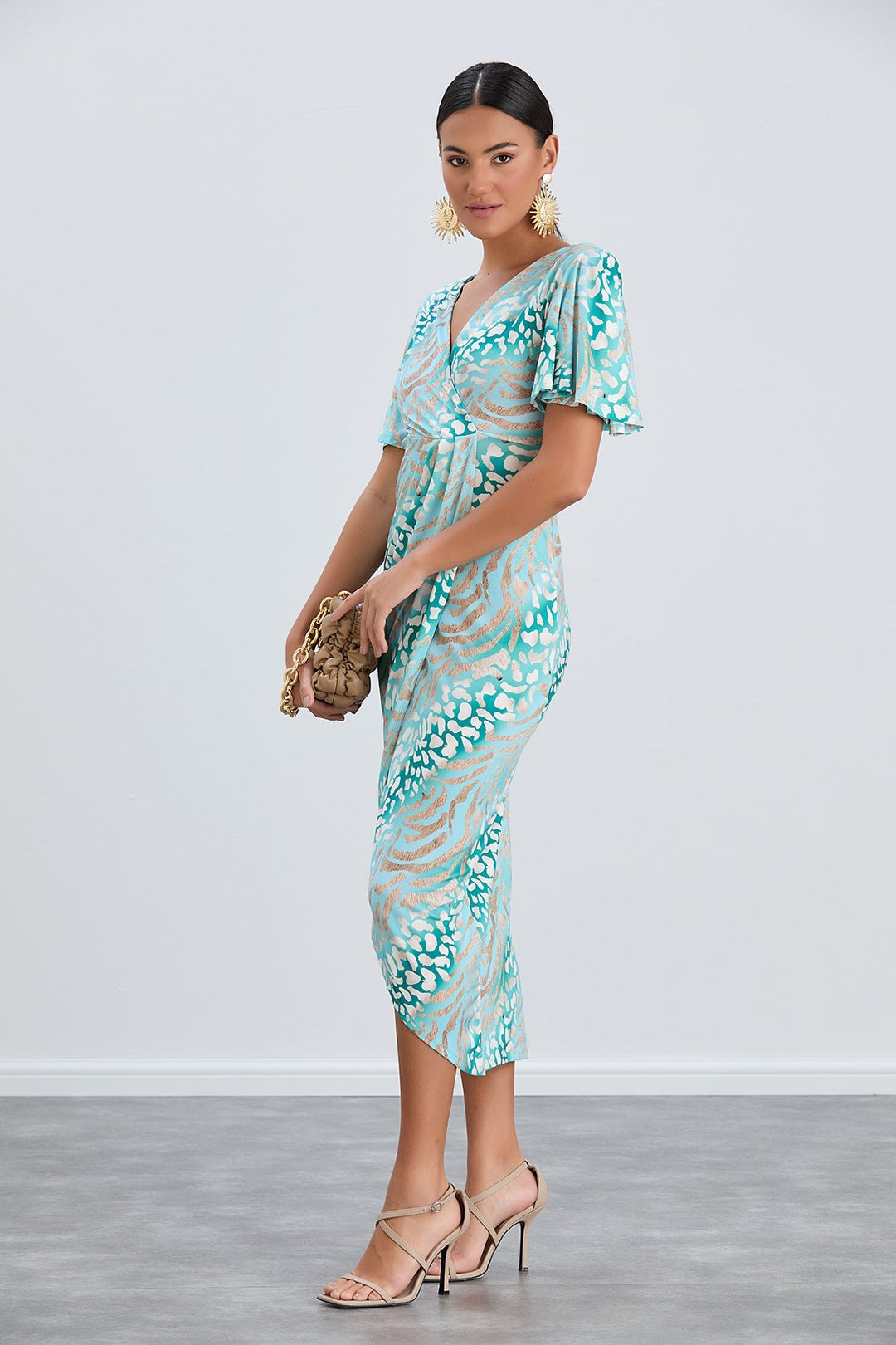 Flirty Flutter Sleeve Wrap Midi Dress in Mint Animal Print - jqwholesale.com