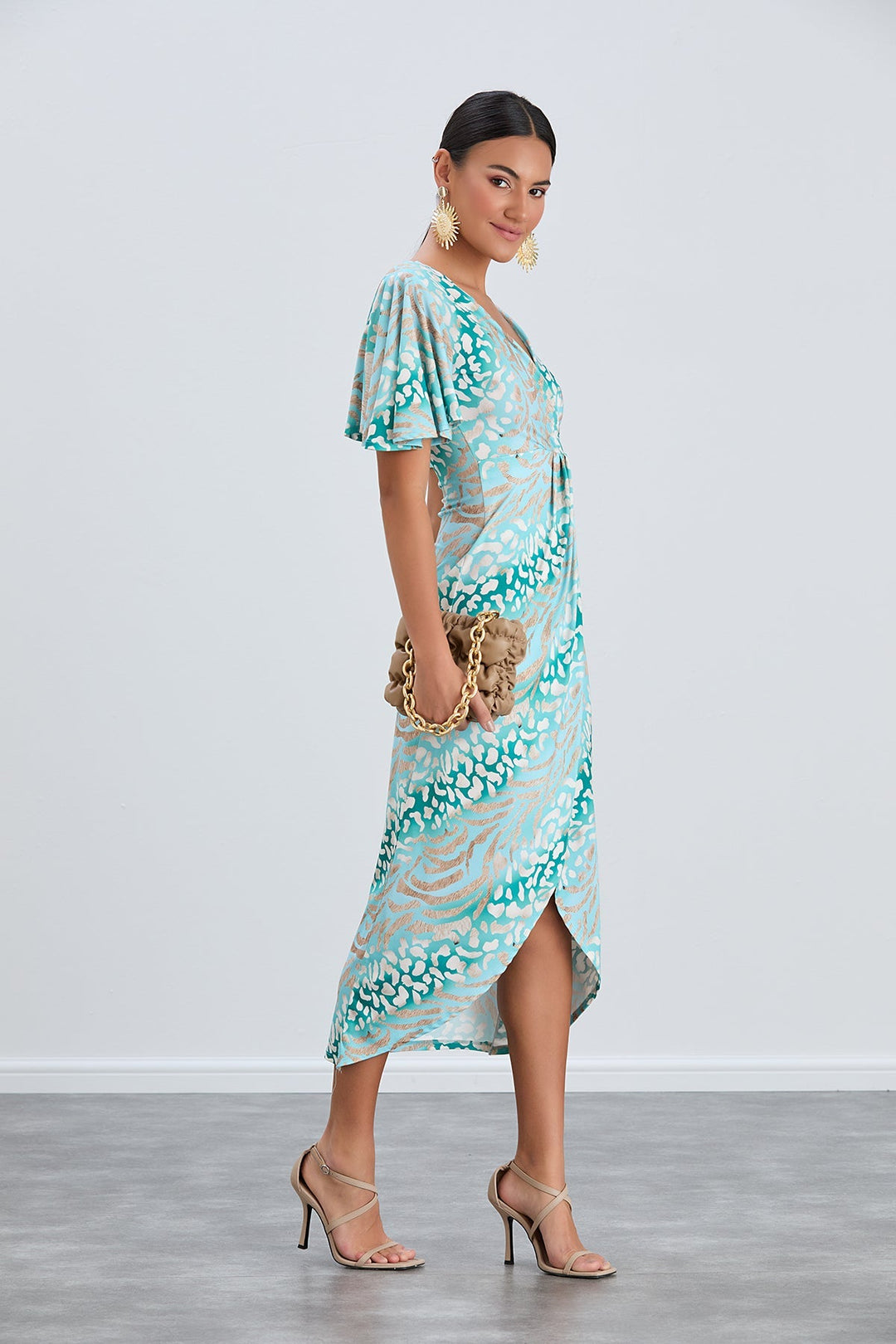 Flirty Flutter Sleeve Wrap Midi Dress in Mint Animal Print - jqwholesale.com