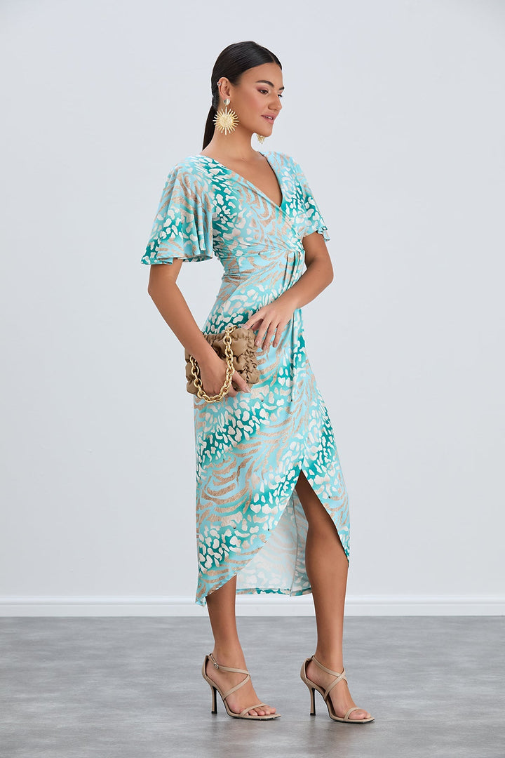 Flirty Flutter Sleeve Wrap Midi Dress in Mint Animal Print - jqwholesale.com