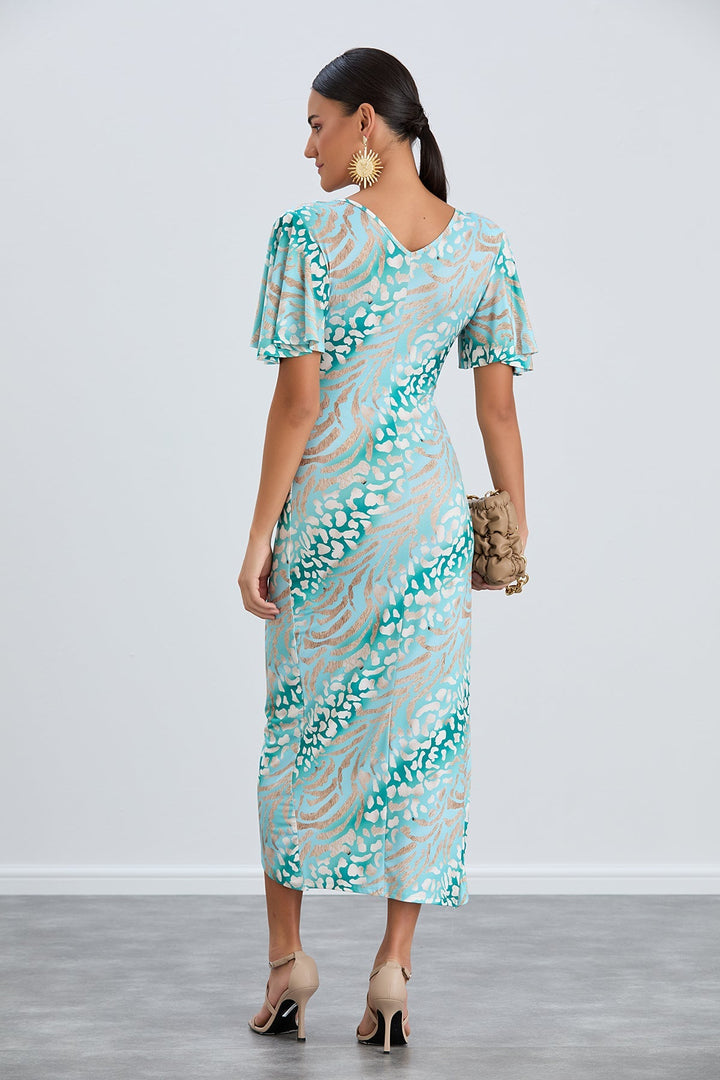 Flirty Flutter Sleeve Wrap Midi Dress in Mint Animal Print - jqwholesale.com