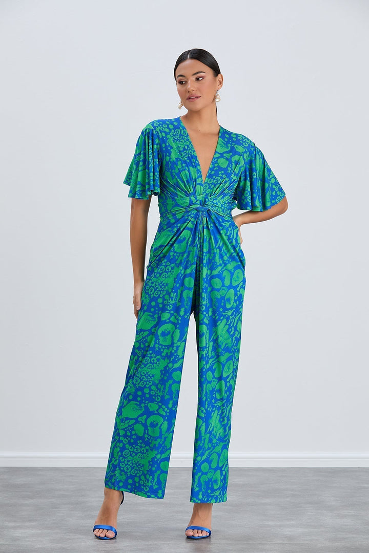 Tropical Green Angel Sleeve Maxi Jumpsuit with Twist Detail - jqwholesale.com