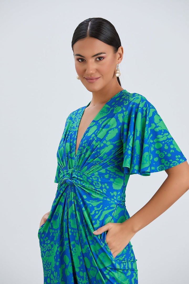 Tropical Green Angel Sleeve Maxi Jumpsuit with Twist Detail - jqwholesale.com