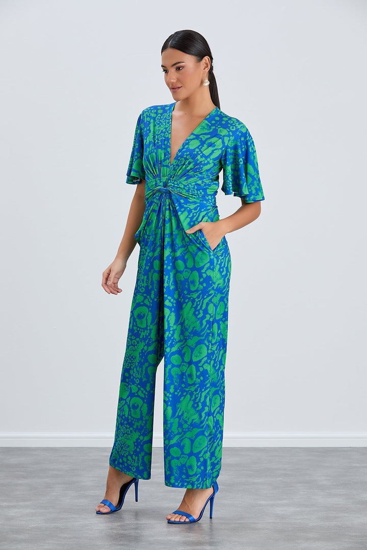 Tropical Green Angel Sleeve Maxi Jumpsuit with Twist Detail - jqwholesale.com