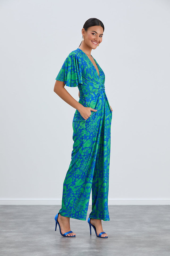 Angel Sleeve Twist Maxi Jumpsuit in Tropical Green print - jqwholesale.com