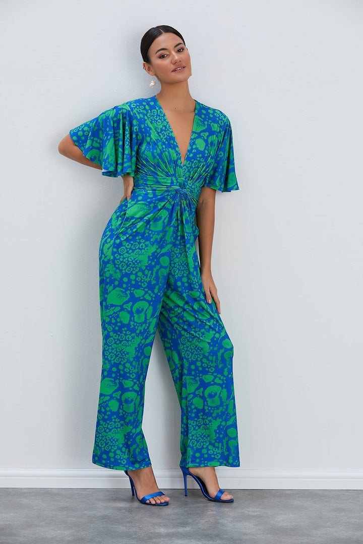Tropical Green Angel Sleeve Maxi Jumpsuit with Twist Detail - jqwholesale.com