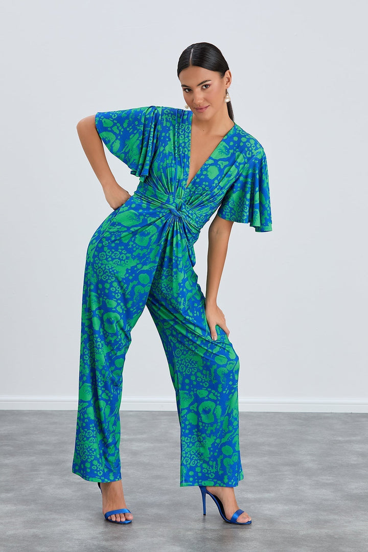 Tropical Green Angel Sleeve Maxi Jumpsuit with Twist Detail - jqwholesale.com
