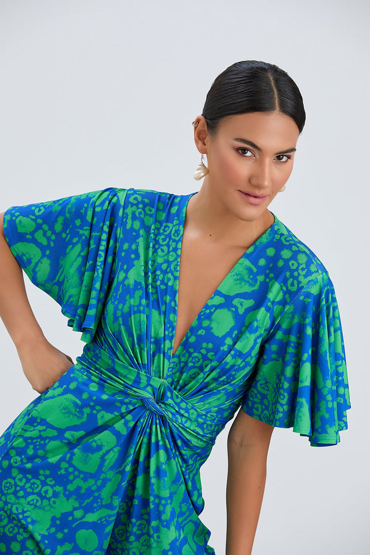 Angel Sleeve Twist Maxi Jumpsuit in Tropical Green print - jqwholesale.com