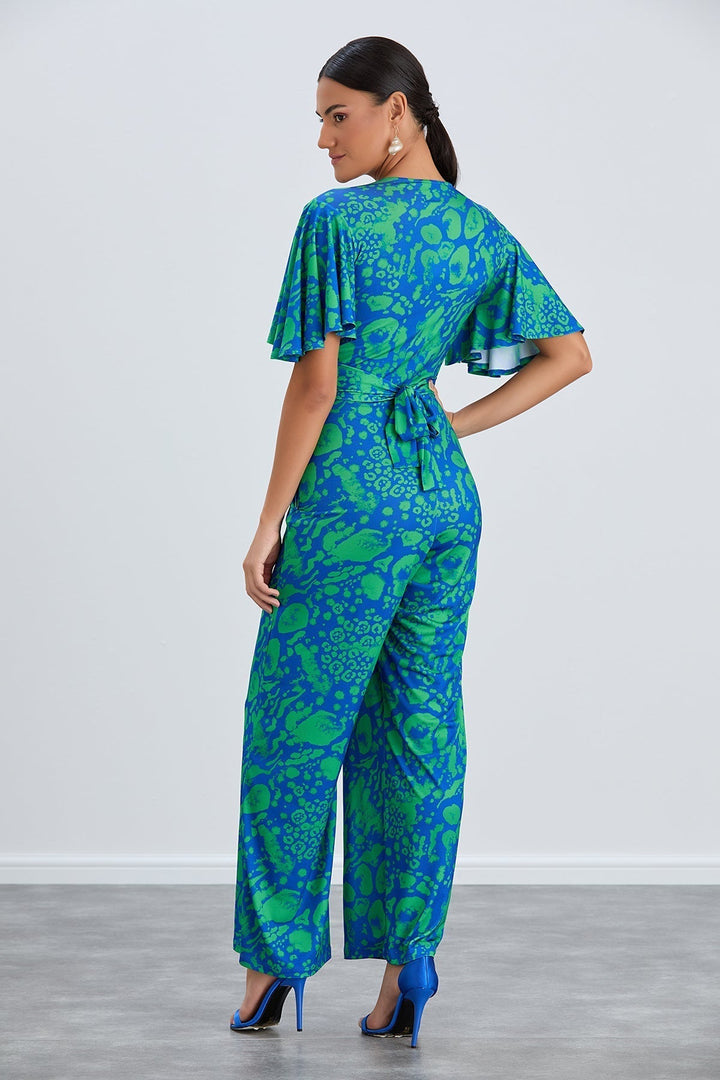 Tropical Green Angel Sleeve Maxi Jumpsuit with Twist Detail - jqwholesale.com