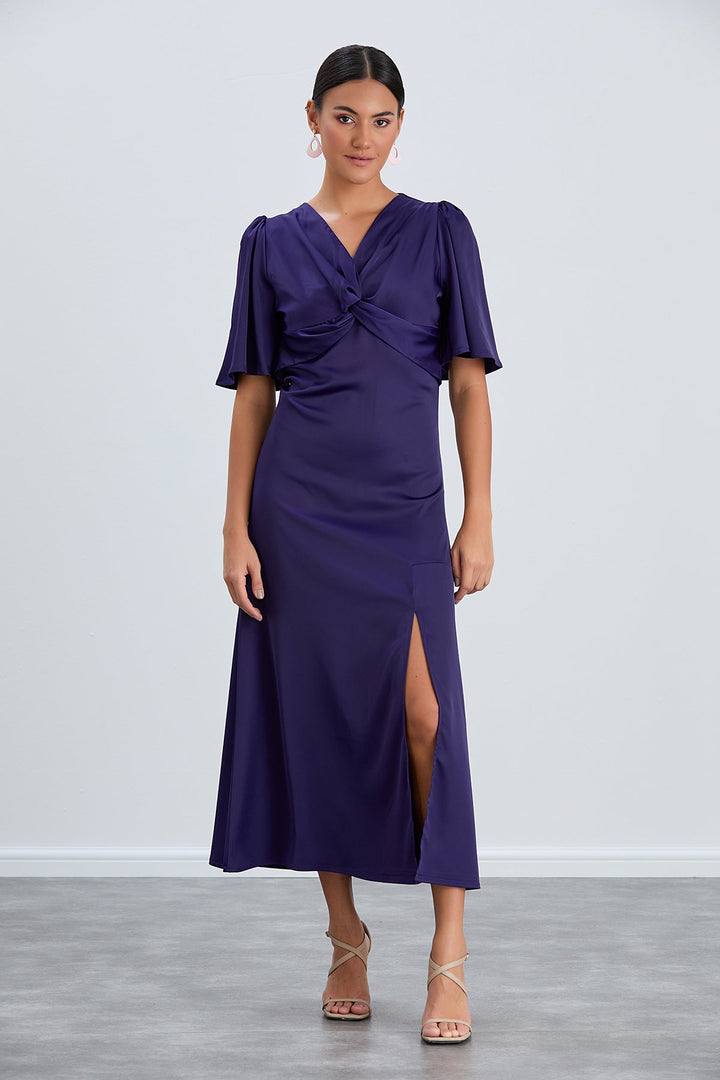 Angel Sleeve Twist Midi Dress with Slit in Sax - jqwholesale.com