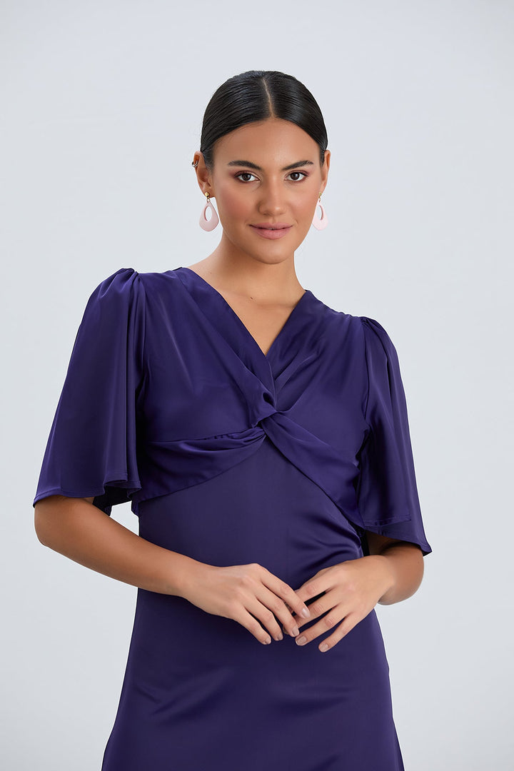 Angel Sleeve Twist Midi Dress with Slit in Sax - jqwholesale.com