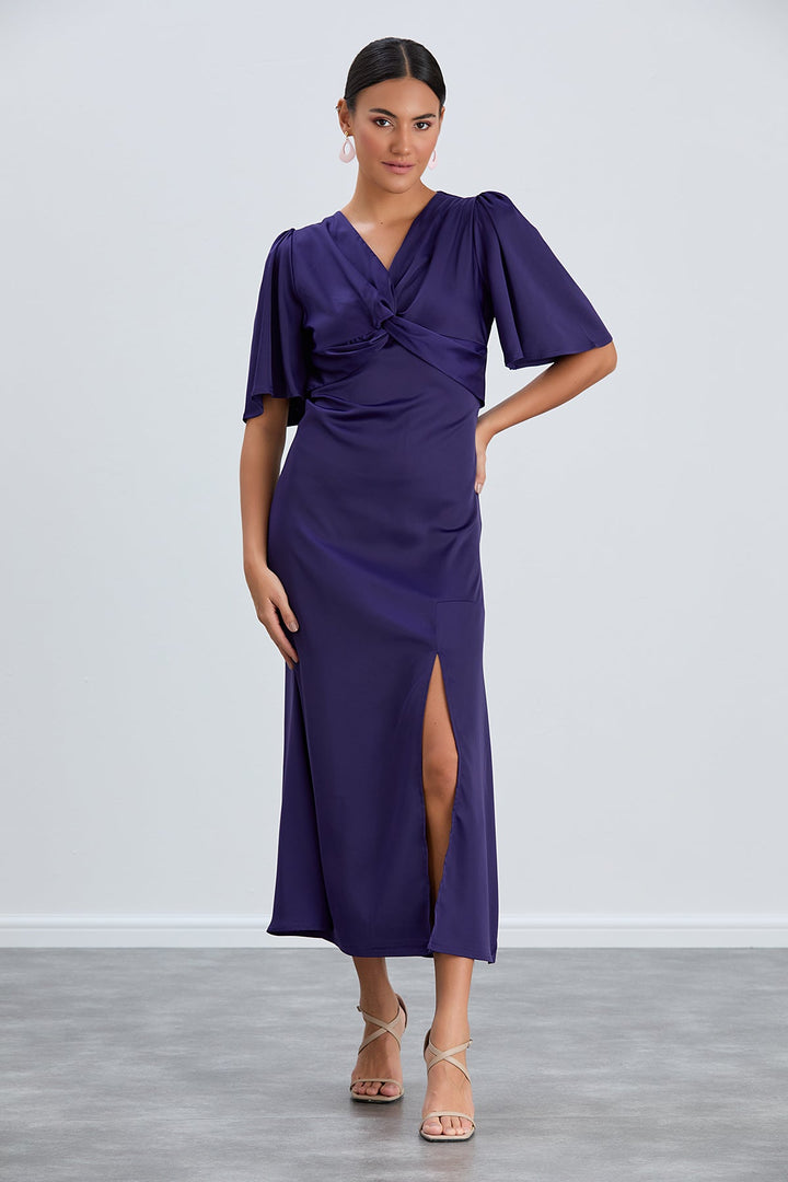Angel Sleeve Twist Midi Dress with Slit in Sax - jqwholesale.com