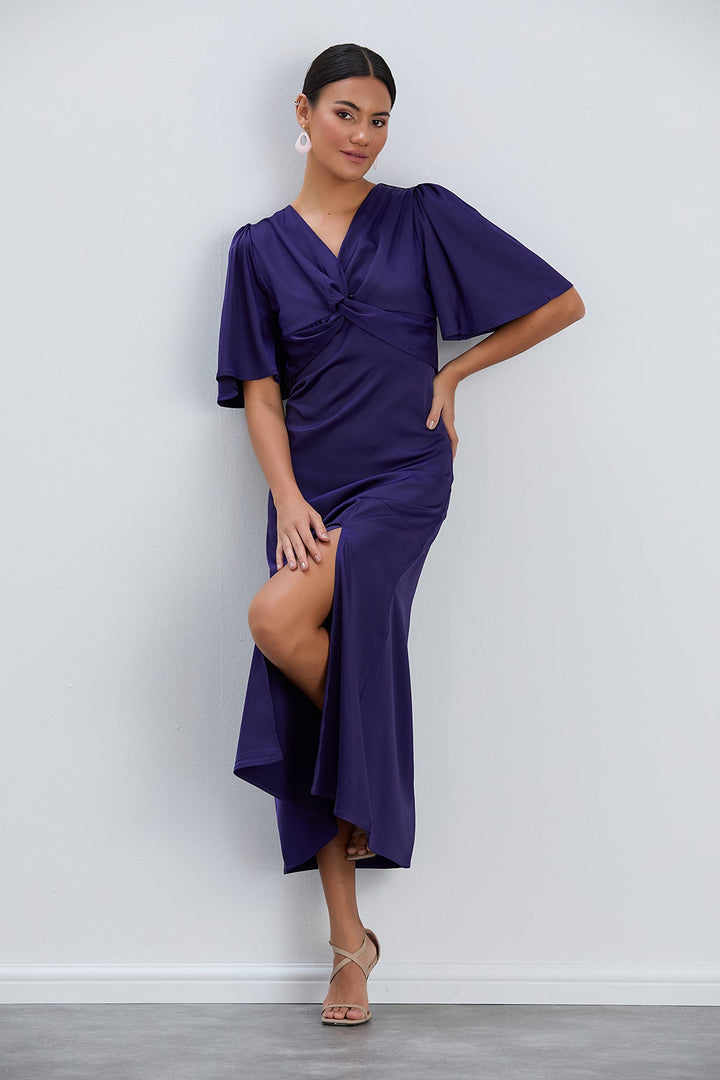 Angel Sleeve Twist Midi Dress with Slit in Sax - jqwholesale.com
