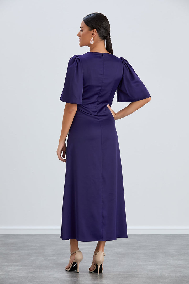 Angel Sleeve Twist Midi Dress with Slit in Sax - jqwholesale.com