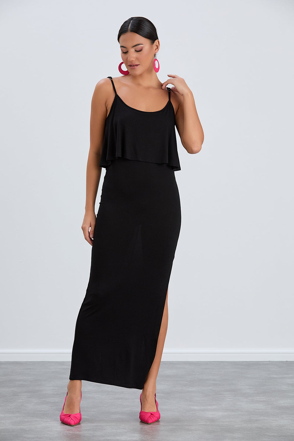Sleek Black Bodycon Maxi Dress with Cami Straps - jqwholesale.com