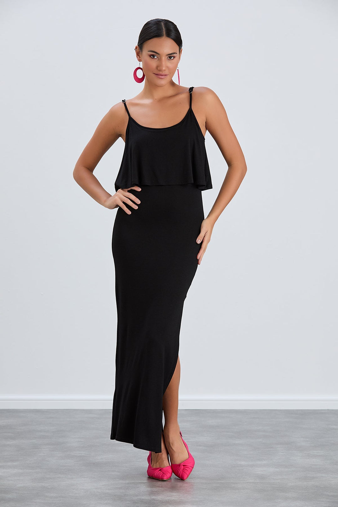 Sleek Black Bodycon Maxi Dress with Cami Straps - jqwholesale.com