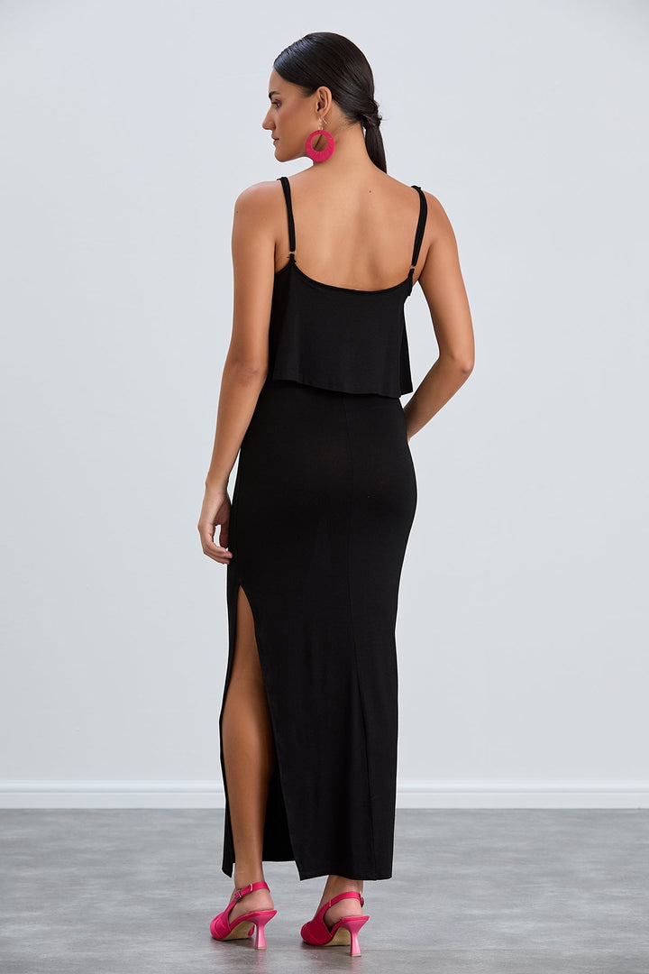 Sleek Black Bodycon Maxi Dress with Cami Straps - jqwholesale.com