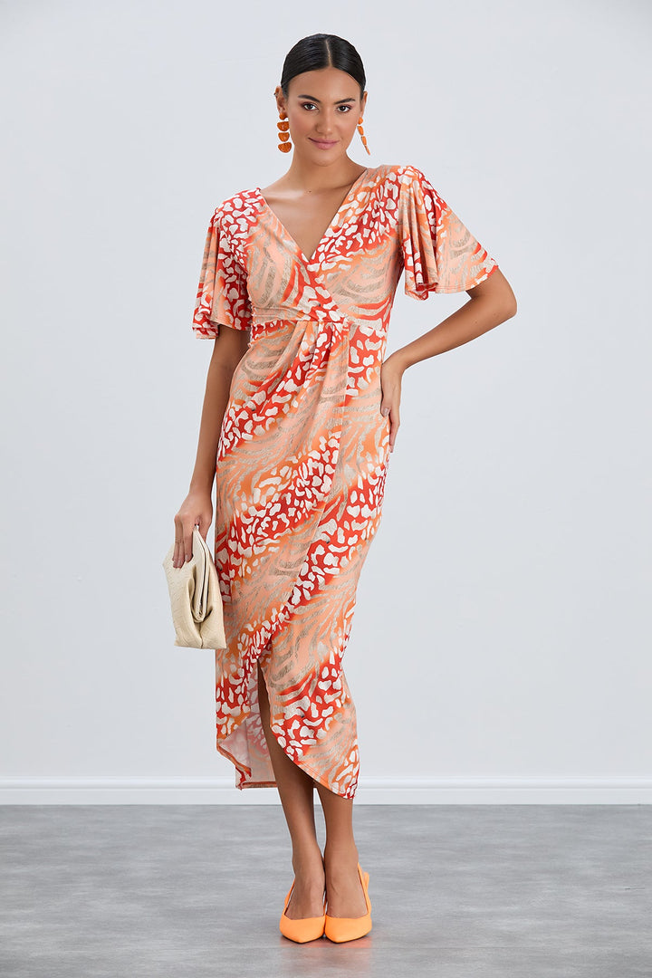 Angel Sleeve Wrap Style Midi Dress in Orange Animal print - jqwholesale.com