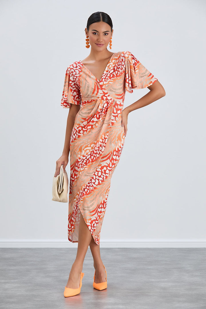 Flirty Flutter Sleeve Wrap Midi Dress in Orange Animal Print - jqwholesale.com