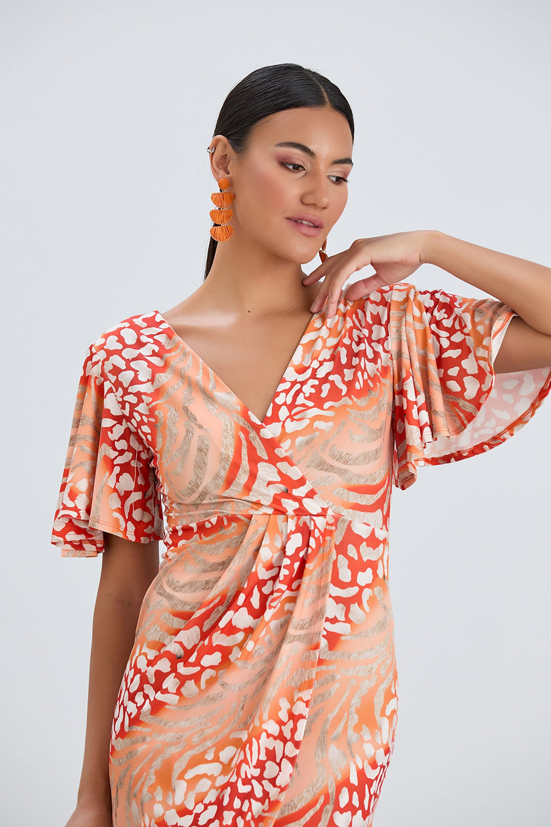 Angel Sleeve Wrap Style Midi Dress in Orange Animal print - jqwholesale.com